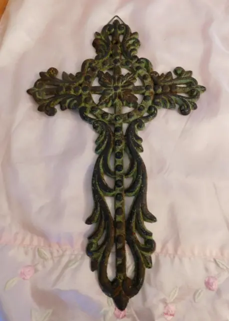 Vintage Cast Iron Wall Cross 14" by 9" Rustic Ornate Hanging Cross