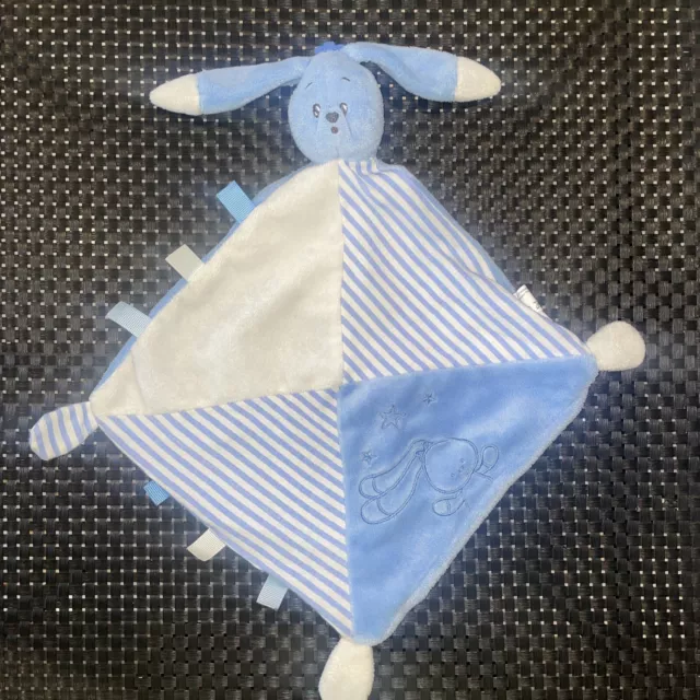 Ca7 Doudou Plat Auchan Lapin Bleu Blanc Rayé Etoiles Étiquette 40Cm Parfait État