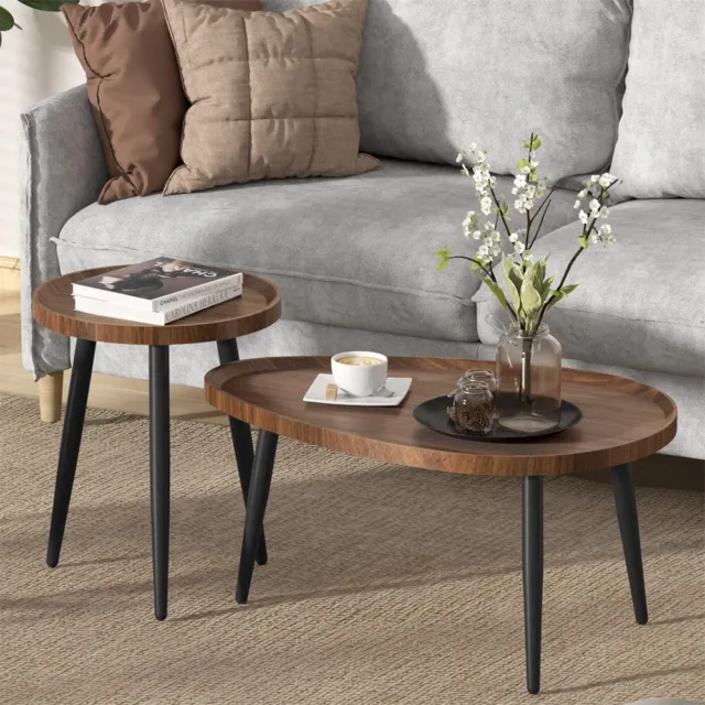 2x Retro Coffee Table Nesting Oval Accent Table Raised Rim Anti-drop Wooden Top