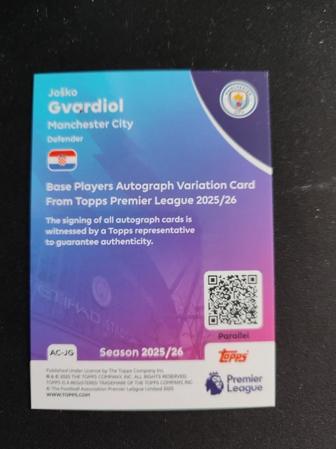 Carte à Collectionner Autographiée Josko Gvardiol (Man City) - Topps Premier League 2025/2026 - Noire & Blanc étincelant /75