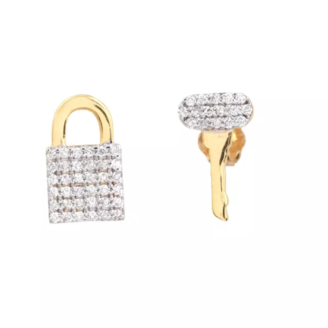 14K Pendientes de Oro Amarillo Cerradura y Llave Diamante Pavé Mano Joyería Niña