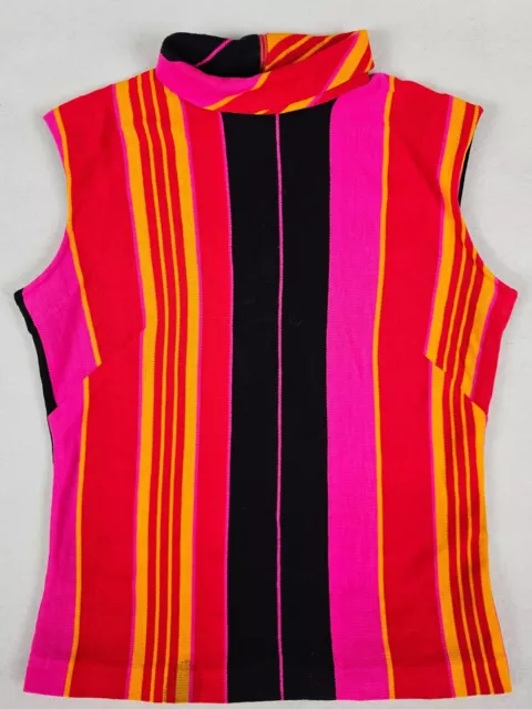 Vintage 1960s Womens Knit Top Turtle Neck Hot Pink Striped Sleeveless Mod Go Go