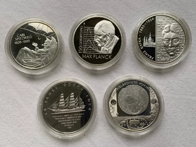 BRD 10 Euro 2008 Gedenkmünzen Silber PP  Set, 5 versch. Ausgaben lose,gekapselt