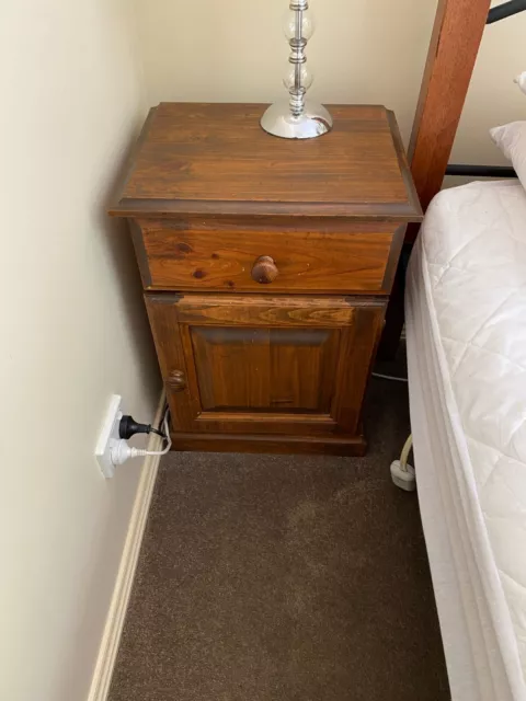 2 Dark Stained Timber Bedside Tables With A Draw And Small Cupboard