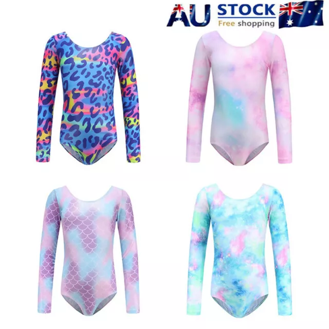 Kids Girls Long Sleeve Leotard Ballet Dancewear Gymnastics Sparkling Bodysuit AU