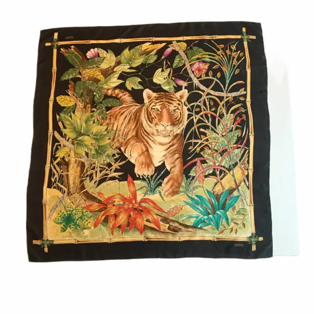 GUCCI Rare Vintage Bengal Tiger Jungle Motif 100% Silk Scarf EUC