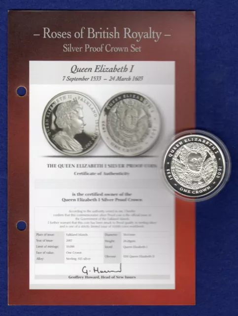 Falkland Islands 2007 Silver Proof Crown, Elizabeth I, + COA (Ref. t5580)