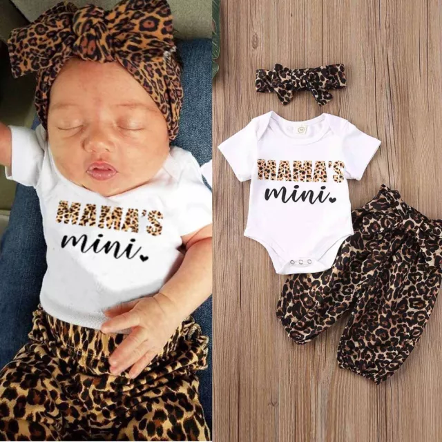 Newborn Baby Girl Clothes Set Romper Bodysuit Leopard Trousers Headband Outfits
