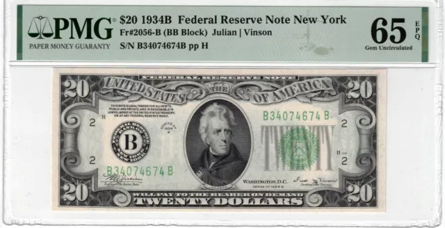 1934B $20 Federal Reserve Note New York PMG 65EPQ BB Block Fr. 2056-B