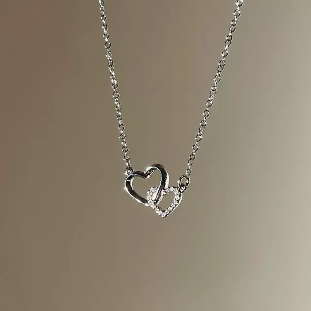 Fashion Silver Plated Crystal Double Heart Necklace Clavicle Chain Women Jewelry