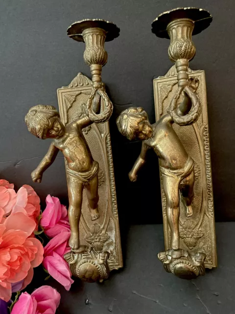 Antique French Pair of Solid Bronze Wall Sconces with Putti Angels