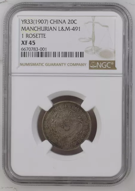 YR33(1907) China 20 cents Manchurian Provinces L&M-491 1 Rosette NGC XF 45