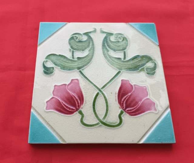 1 Piece Old Art Deco Embossed Design Majolica Ceramic Tiles England 0252 2