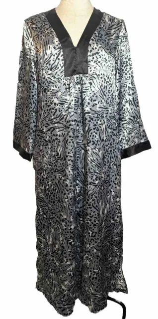 Robe Oscar de La Renta  Silky  Satin Animal Print  Maxi Zip  Silver  M  woman's