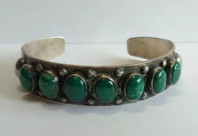 Vintage Navajo Indian Silver Multi Stone Green Turquoise Cuff Row Bracelet