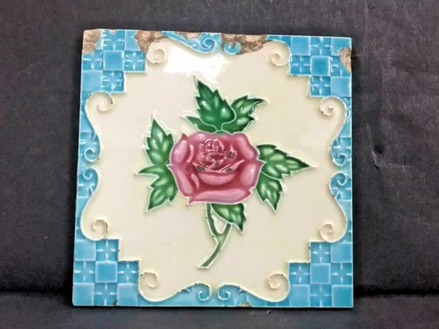 Old Vintage Rare Handmade Decorative Beautiful Lotus Flower Ceramic Tile, Japan