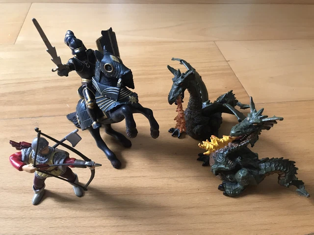 Papo Schwarzer Ritter auf Pferd mit Bogenschütze und 2x Drache Dragon Krieger