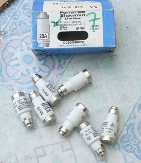 7x Lindner Ferraz Shawmut Fusible D 02 20A gL/gG 400V. Lot de 7