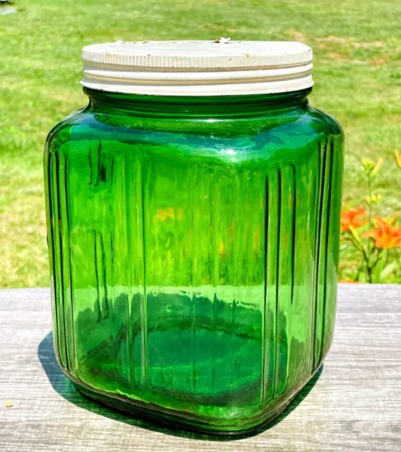 Vintage 1940s Owens Illinois Forest Green Glass Hoosier Jar Square Ribbed 9"