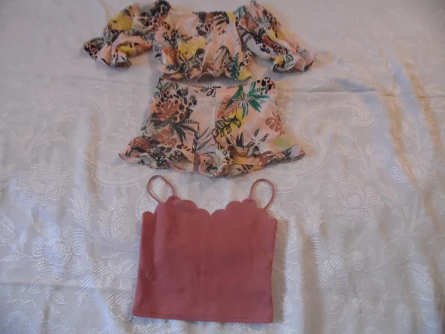River Island Girls Floral Off Shoulder Blouse+Shorts Set+Shein Top Age 8