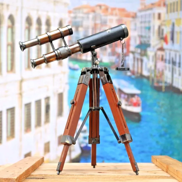 Brass Antique Telescope Double Barrel With Vintage Tripod Stand Nautical gift