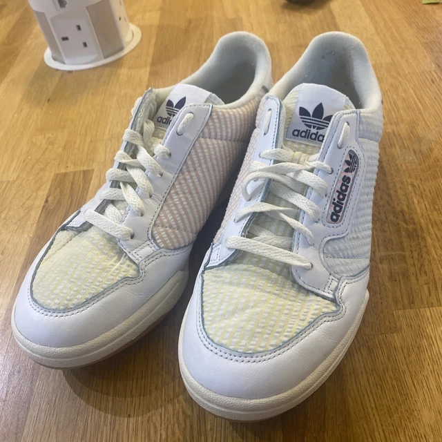 ADIDAS TRAINERS CONTINENTAL 80s. White Yellow Blue Pink Stripes