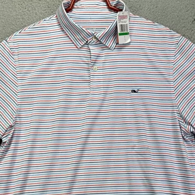 Vineyard Vines Shirt Men Large Bradley Performance Blue Red Stripe Golf Polo NEW