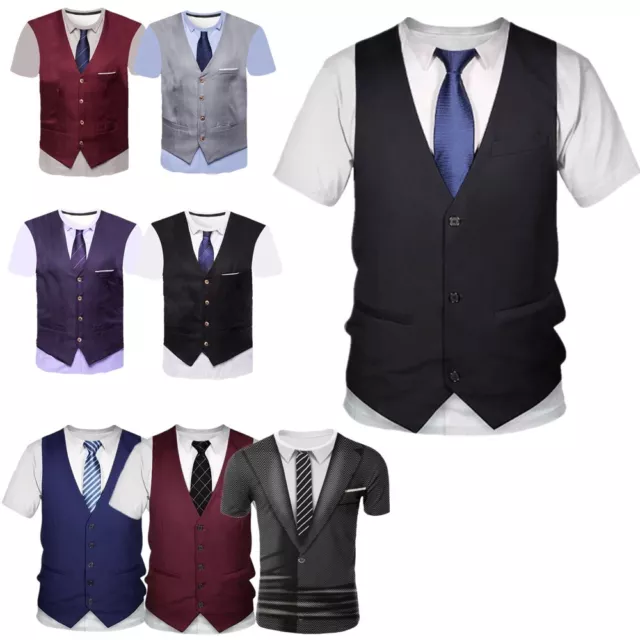 Mens Short Sleeve Tuxedo Gentlemen Suit Fake 3D Tie Printed Vest T-Shirt Tops