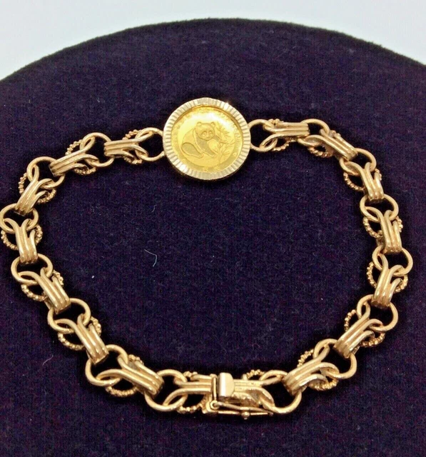 14K Yellow Gold Lovers Knot Bracelet with .999 FINE Gold Panda Coin 7"  11.3 Gr