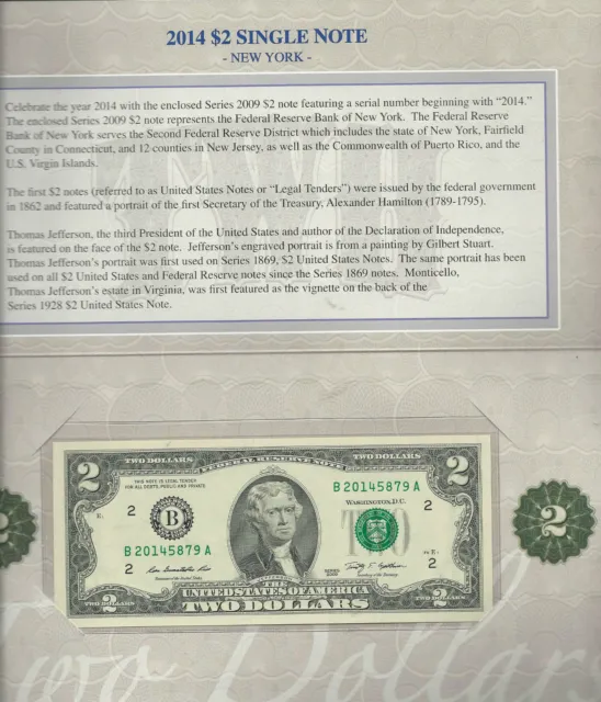 Us Mint 2014 Sealed $2 Dollar Bill Single Note New York Seal Serial Numbers 2014