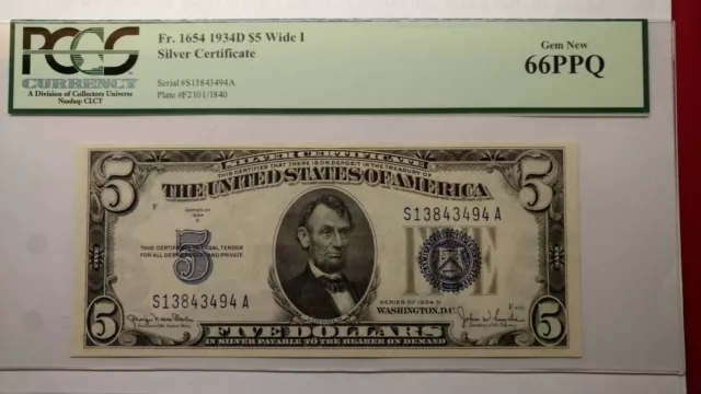 FR-1654 1934D $5 Wide I Silver Certificate PCGS Gem New 66PPQ UNCIRCULATED.