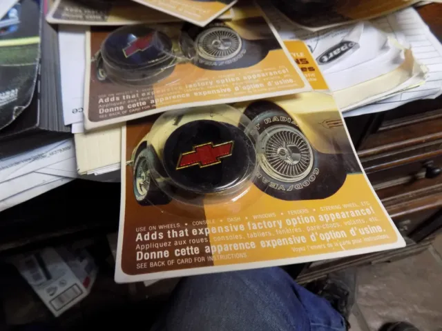 NOS Chroma Graphics mag medallions, wheel center cap stickers, Chevy bow 1 3/4