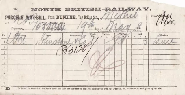 NORTH BRITISH RAILWAY May1898 Dundee Station to Methil Parcels Way Bill Rf 45241