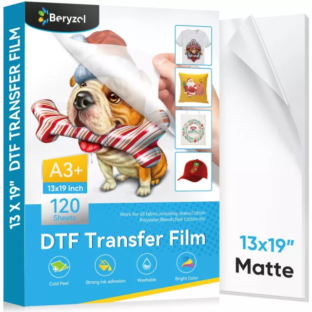 Beryzol DTF Transfer Film: A3+ 13"x19" - 120 Sheets, Premium Double-Sided Mat...