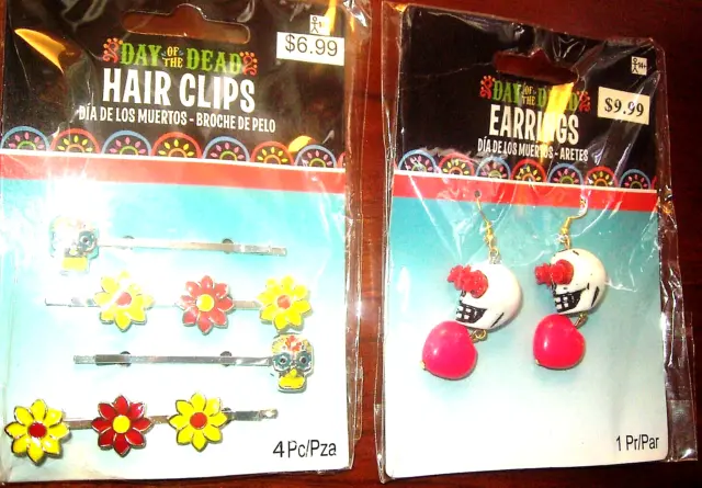 Dia De Los Muertos Sugar Skull Jewelry Bundle hair clip And Earrings new on card