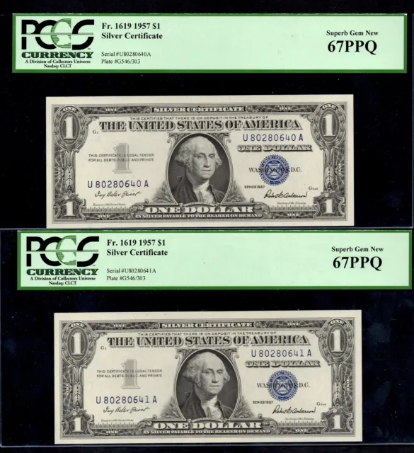 2 (TWO) CONSECUTIVE UNITED STATES 1957 $1 Silver Certs. FR#: 1619. PCGS: 67 PPQ.
