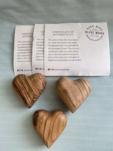 Lot Of Three Olive Wood Hearts Hand Made Craft Bethlehem Gifts With Certificate