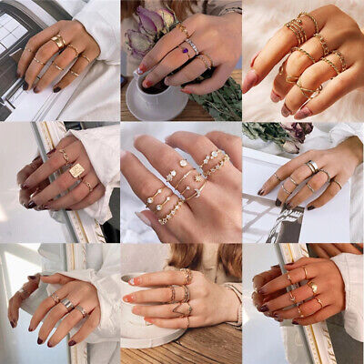 Women Boho Moon Star Rings Set Fashion Metal Knuckle Finger Chain Rings Jewelry