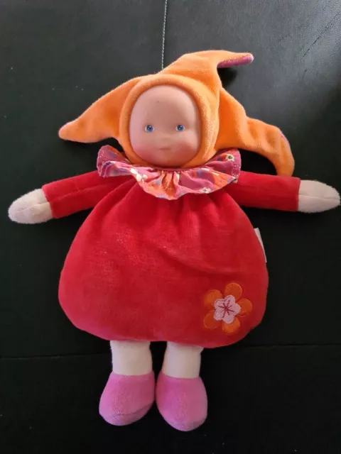 B2- Doudou Poupee Corolle Rouge Rose Orange Bonnet 3 Pointes Col Fleur -