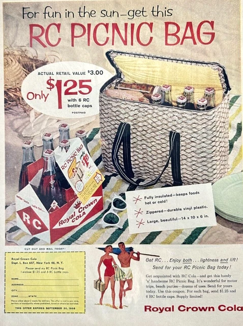 Vintage RC COLA Fun In The Sun  Picnic Bag   1958 Magazine Print Ad BF76
