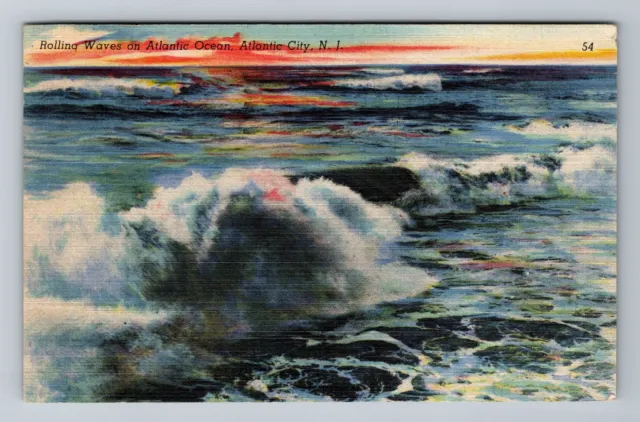 Atlantic City NJ-New Jersey Rolling Waves Atlantic Ocean Vintage c1946 Postcard