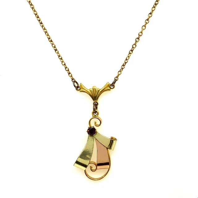 Vtg 10k Gold Filled C.T. Victorian Art Deco Garnet Two Tone Lavalier Necklace 19