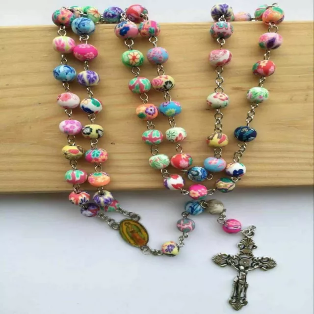 Christian Cross Multi Coloured Pearl Rosary Beads Necklace Elegant Blessing