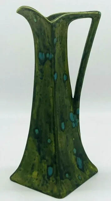 Vintage 15 inch DRIP GLAZE Olive Green & Turquoise Blue Pottery PITCHER MCM