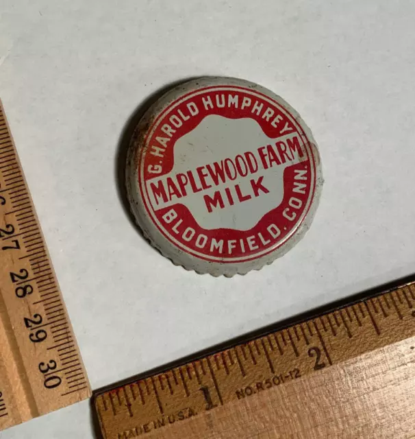 Maplewood Farm Dairy metal bottle cap CCS Dary Sealed Patented BLOOMFIELD CONN