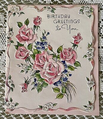 Vintage 1940s UNUSED Birthday Die-Cut Roses Violets Daisies Ribbon Greeting Card