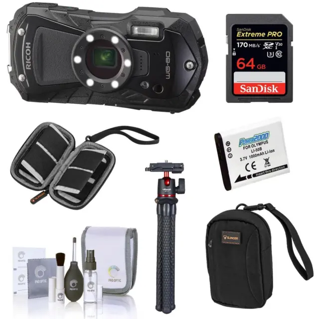 Ricoh WG-80 Waterproof Digital Camera, Black with Essential Accessories Kit