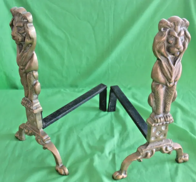 Stunning Majestic Pair of Large Antique Victorian Brass Lion Andirons Firedogs