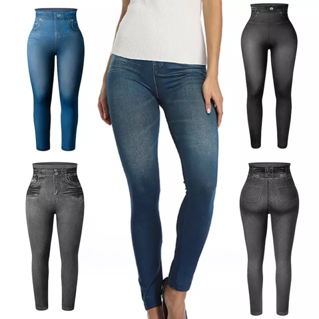 Ladies Winter Faux Denim Thick Stretchy Skinny Jeggings Pants Pocket Leggings