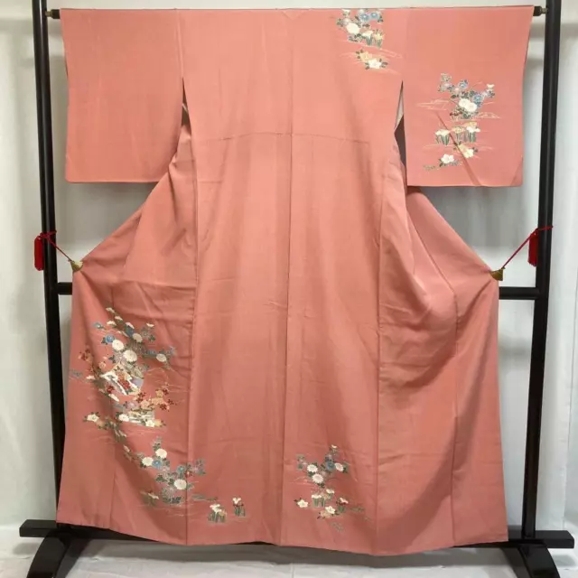 9065# kimono japonés Vintage bata de seda pura flor tradicional rosa